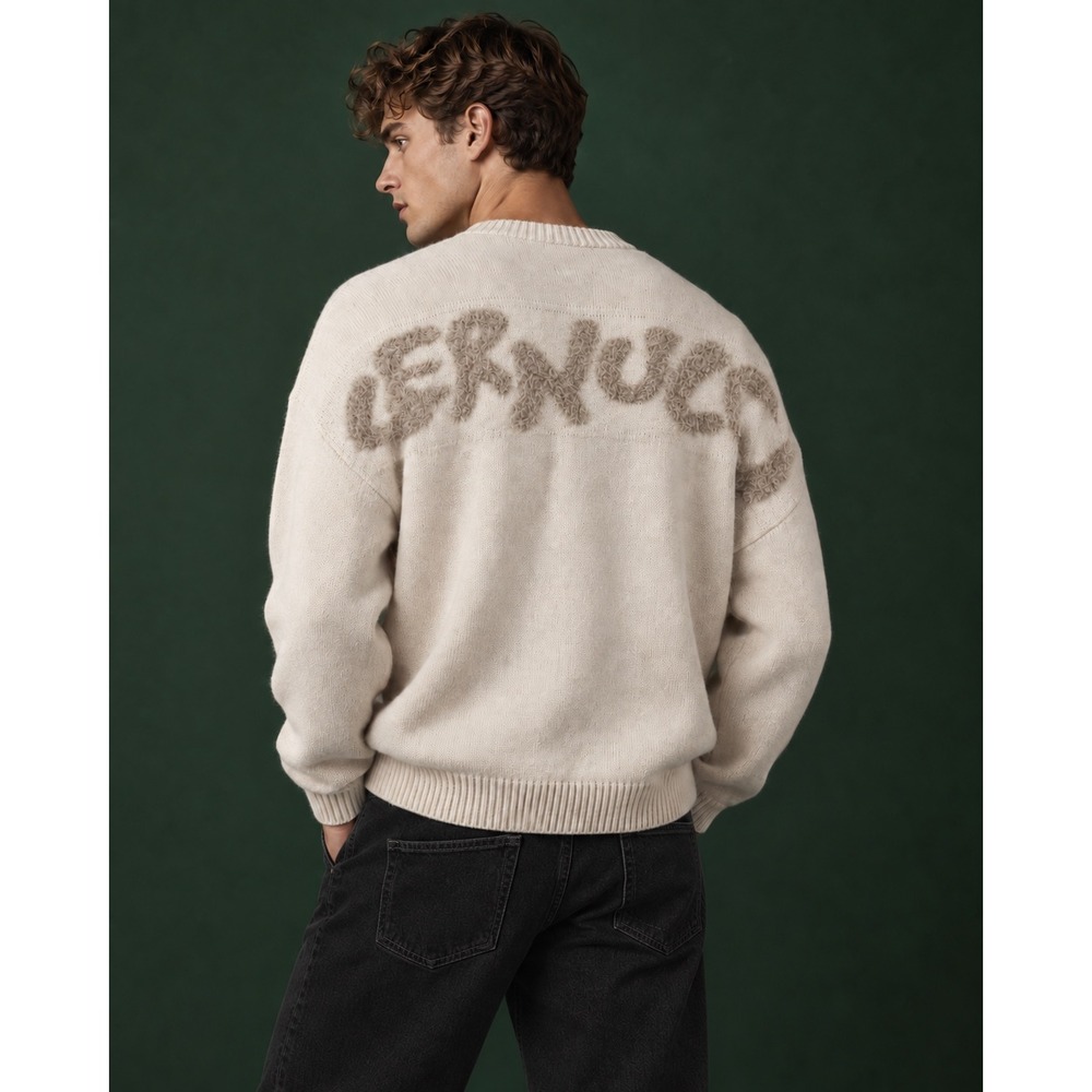 Cernucci Mens Oatmeal Beige Fuzzy Logo Back Crewneck Sweater Small Streetwear
